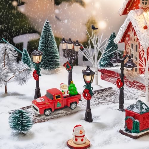 Vintage Red Christmas Truck Decor – 4.9″Retro Die-Cast Metal Pickup with Santa and Xmas Tree Figurines for Christmas Town Village Accessories Set Display Home indoor Decorations Gift(Xmas-Red) - color: Xmas-red