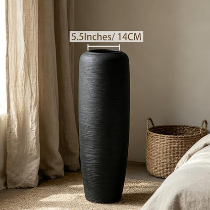 Black Rustic Ceramic Floor Vase, 24 Inch, Ribbed Texture - size: 23.6 Inch