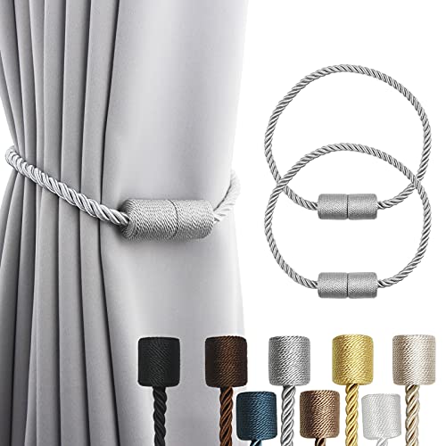 2 Pack Grey Strong Magnetic Curtain Tiebacks Outdoor Elegant Decorative Tie Backs Modern Rope Tiebacks for Drapes Window Curtain Holdbacks for Draperies - color: Grey