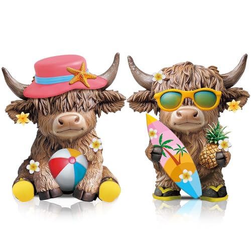Karenhi 2 Pcs Highland Cow Figurines Summer Decor, Beach Tabletop Statues - style: Summer