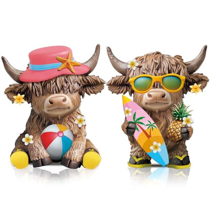 Karenhi 2 Pcs Highland Cow Figurines Summer Decor, Beach Tabletop Statues - style: Summer