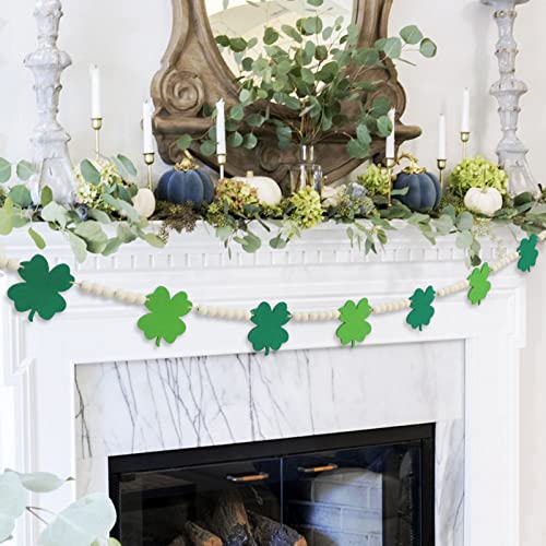 DAZONGE St. Patrick's Day Decorations, Wood Bead Shamrock Garland for St. Patrick's Day Decor, Lucky Felt Shamrock Garland for Mantel Wall Decor - color: Green