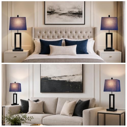 Cinkeda Blue Bedside Table Lamp Set of 2, Nightstand Lamps with USB Ports - color: E.Blue&Black