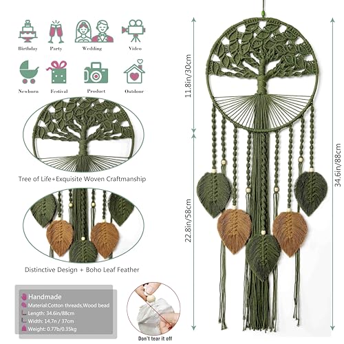 Large Tree of Life Dream Catchers, Macrame Wall Hanging, Boho Woven Tapestry, Macrame Wall Decor Art for Adults Boys Girls Bedroom Wedding Party, Festival Blessing Gift (Green & Brown)