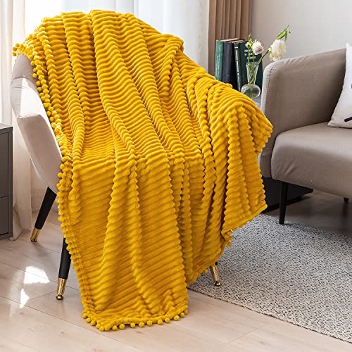 DISSA Fleece Blanket Throw Size – 51x63, Yellow Soft, Plush, Fluffy, Fuzzy, Warm, Cozy Perfect for Couch, Bed, Sofa - with Pompom Fringe Flannel - color: Yellow, size: 51x63"