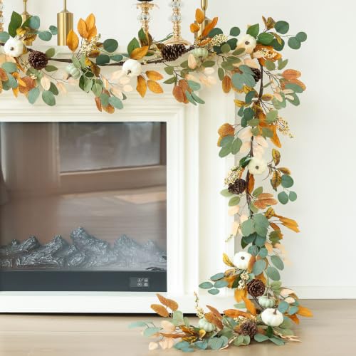 MIZII Fall Decor Artificial Pumpkin Garland 10 Feet Autumn Leaf Pumpkin Pine Cones Berries Hanging Vines Garlands Thanksgiving Halloween Harvest Decorations for Mantle Fireplace Farmhouse (10ft,Green) - color: 10ft,green