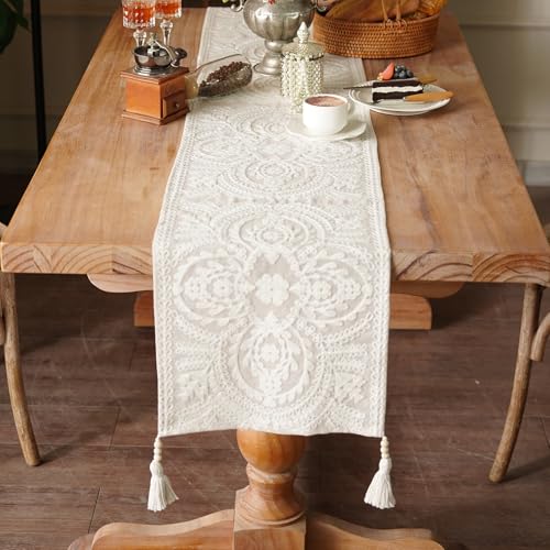 Coffee Table Runner Embroidered Boho Dresser Scarf, Beige 14"x38" - color: Beige, size: 14 x 38 Inches
