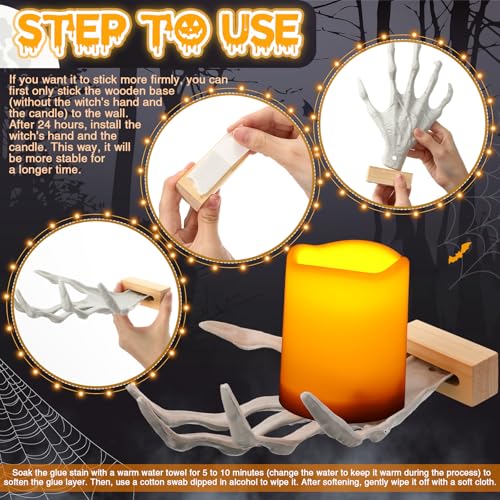 Tuanse 6 Pcs Halloween Skeleton Wall Decorations 3 Witch's Hand Wall Mounted Creepy Hands 3 Lighted Candles 3D Black Spooky Bats Double-Sided Tape for Gothic Halloween Indoor Home Decoration