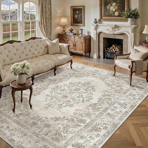 PureCozy 7x9 Washable Area Rug Living Room Cream Beige Vintage Large Carpet - color: Vintage Beige/Cream, size: 7' x 9' (Rectangular)