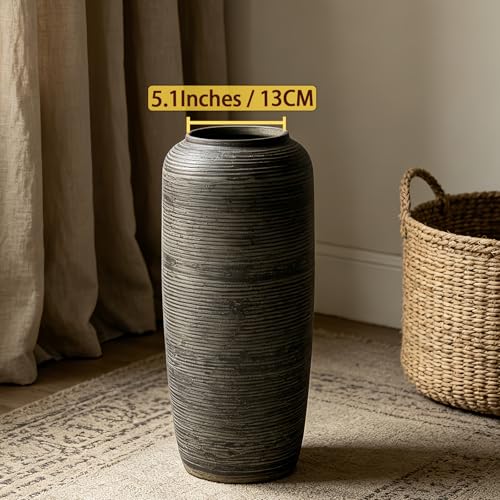 Brown Rustic Ceramic Floor Vase, 15.7 Inch, Ribbed Texture - size: 15.7 Inch