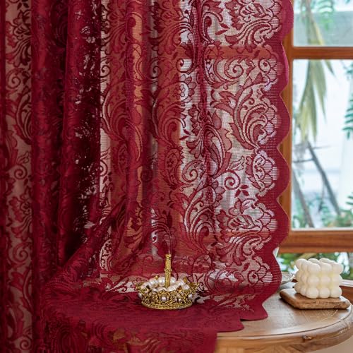 ALIGOGO Burgundy Sheer Curtains 63 Inch Length 2 Panels, Victorian Floral Red Lace Curtains for Bedroom, Embroidered Privacy Rod Pocket Scalloped Burgundy Home Décor, 52W x 63L Inch, Dark Red - color: Burgundy, size: 52"W x 63"L (Pack of 2)