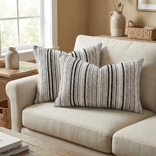 Set of 2 Striped Chenille Throw Pillow Covers 12x20 Inches Premium Plush Textured Decorative Cushion Covers Reinforced Hidden Zipper Mid-Century Modern Farmhouse Decor for Couch Sofa Black - color: Black, size: 20" x 12" (Pack of 2)
