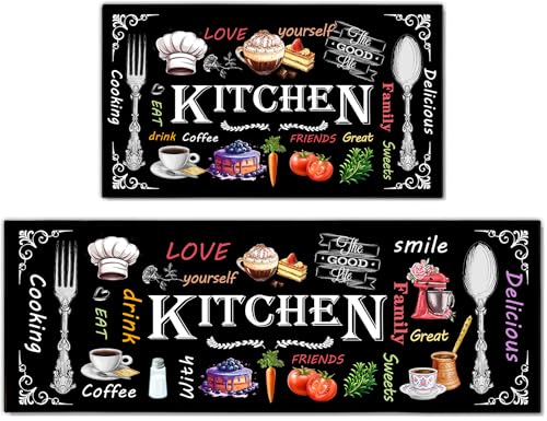Kitchen Mats for Floor 2 Piece Set,Farmhouse Kitchen Rug Vintage Style Theme Decor,Absorbent Washable Non-Slip Floor Mats 17"x47"+17"x30" - color: Black a