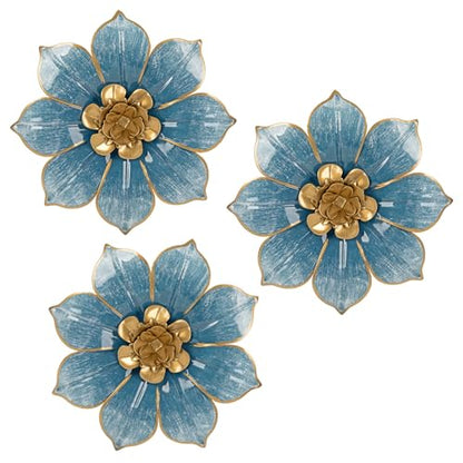 Villa Como Set of 3 Blue and Gold Metal Flowers Wall Art Decor 10" - color: # 3 Blue and Gold