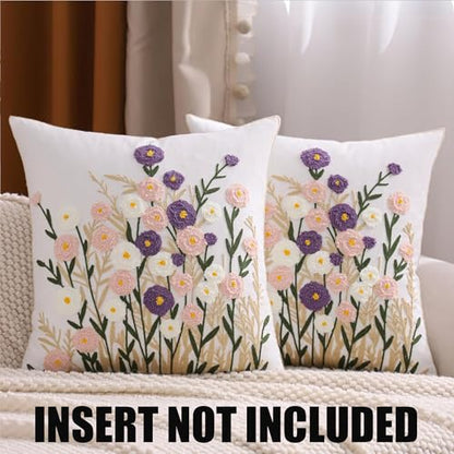 Embroidered Throw Pillow Covers 18x18 Pack of 2 Purple Pink Flower - color: Purple-pink Flower