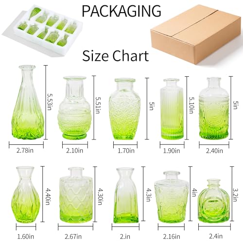 Olive Green Glass Bud Vases Set of 10, Wedding Table Centerpiece - color: Olive Green