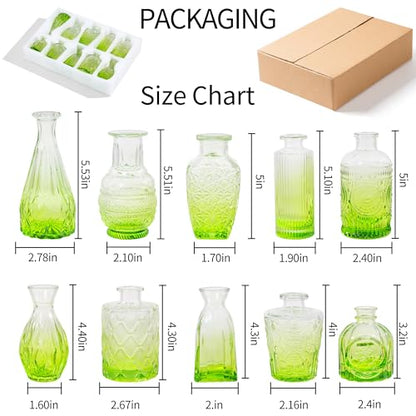 Olive Green Glass Bud Vases Set of 10, Wedding Table Centerpiece - color: Olive Green