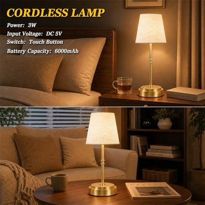 Rechargeable Cordless Table Lamp, Battery Operated Bedside Lamp, Gold