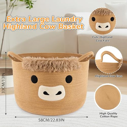Large Highland Cute Cow Basket for Nursery,Laundry Blanket Gift Basket - color: Brown, size: 23"D ×13 "H