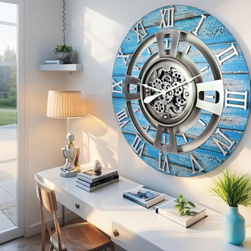 ImprovingLife The Gears Clock Real Moving Gear Wall Clock England Line (Ocean Blue, 24 inches (60 cm)) - color: Ocean Blue, size: 24 inches (60 cm)