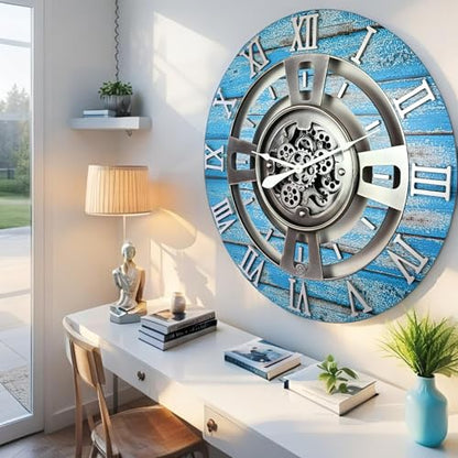 ImprovingLife The Gears Clock Real Moving Gear Wall Clock England Line (Ocean Blue, 24 inches (60 cm)) - color: Ocean Blue, size: 24 inches (60 cm)