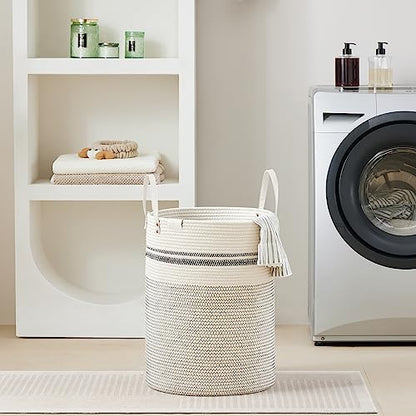 VIPOSCO 58L Tall Woven Rope Laundry Hamper, Leather Handles, Stripe White - color: Stripe White, size: 58L