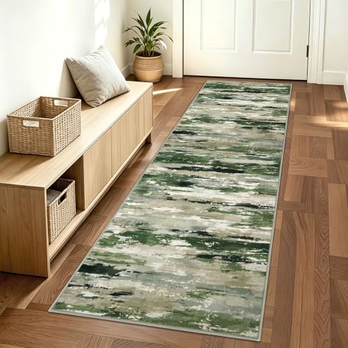 Abstract Washable 2x6 Runner Rug Non Slip Runners for Hallway | Green;Thin Printed Faux Wool Kitchen Rug Runner;6ft Carpet Runners;Non Skid Runners for Entryway,Bedroom,Laundry Room - color: Forest Green / Sage / Ivory, size: 2' x 6' (Runner)