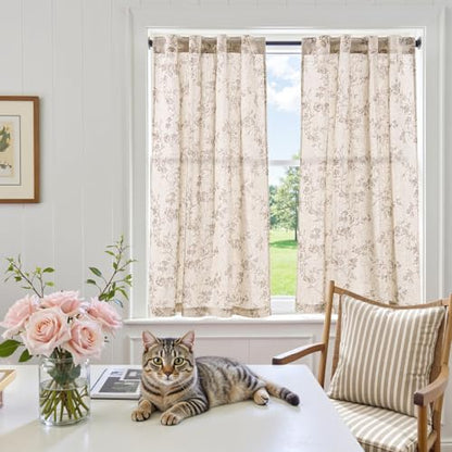 jinchan Floral Linen Kitchen Tier Curtains, 45 Inch, 2 Panels, Taupe - color: Alisa Taupe, size: 38"W x 45"L (Pack of 2)