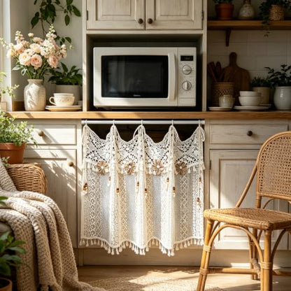 Boho Crochet Lace Sheer Curtain Valance for Window Kitchen Doorway Entryway - size: 43"W x 20"L (Pack of 1)