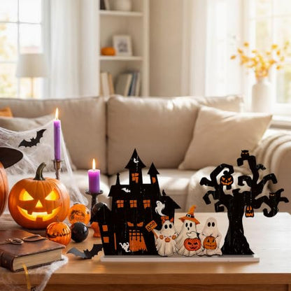 Smile Halloween Wooden Standing Decor Set Ghost Haunted House and Tree - style: Halloween Tree