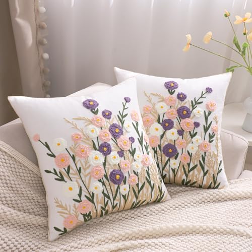 Embroidered Throw Pillow Covers 18x18 Pack of 2 Purple Pink Flower - color: Purple-pink Flower