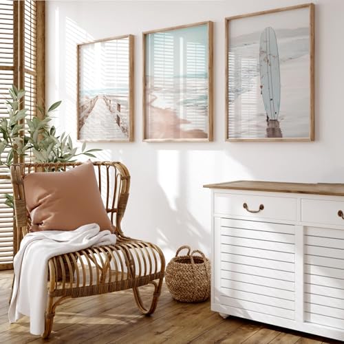 Beach Coastal Wall Art Pictures Beachy Ocean Canvas Wall Decor Surf Aesthetic Wall Art Surfboard Beach Painting Poster Coastal Ocean Artwork Prints for Bathroom Room 24x36 Inch Unframed Set of 3 - color: Sea Surfboard Prints, size: 24x36 Inch