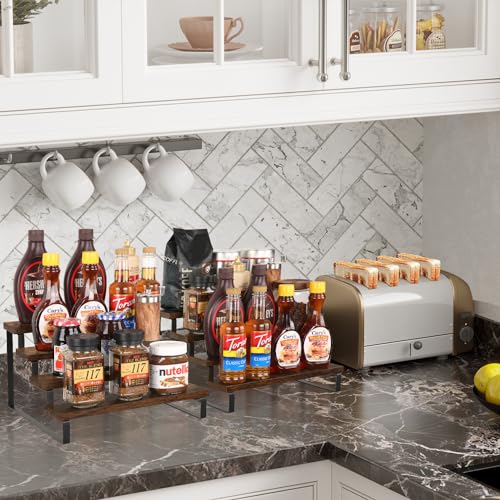 YINMIT Wooden Display Riser Stand, Tiered Perfume and Cologne Organizer Stand, 4 Tier Spice Rack Organizer, Rustic Display Shelf for Candles (4 Tier, 2 Pack) - color: 4 Tier,2 Pack,Brown
