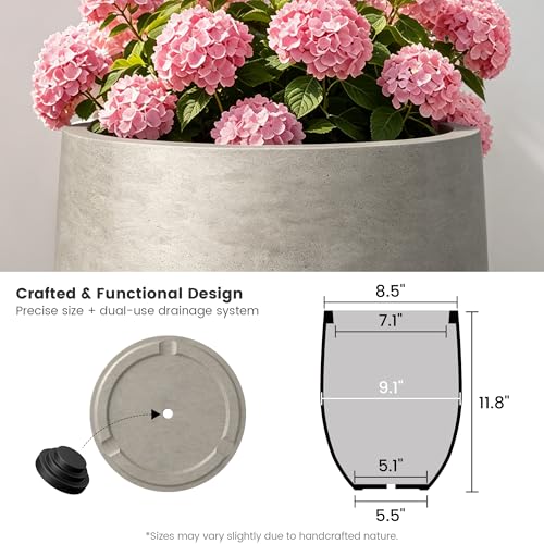 Kante Small Round Curved Weathered Concrete Planter 9.1" Dia, Outdoor - color: Weathered Concrete, size: 11.8 Inch Tall