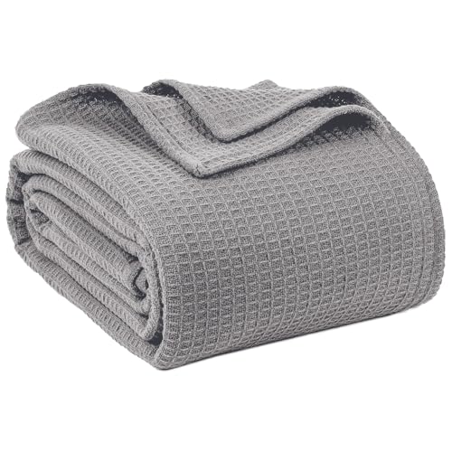 100% Cotton Blankets for Bed - Waffle Weave Blankets for Summer, Lightweight and Breathable Soft Woven Blanket for Spring (Light Grey, Queen (90" x 90")) - color: Light Grey, size: Queen (90" x 90")