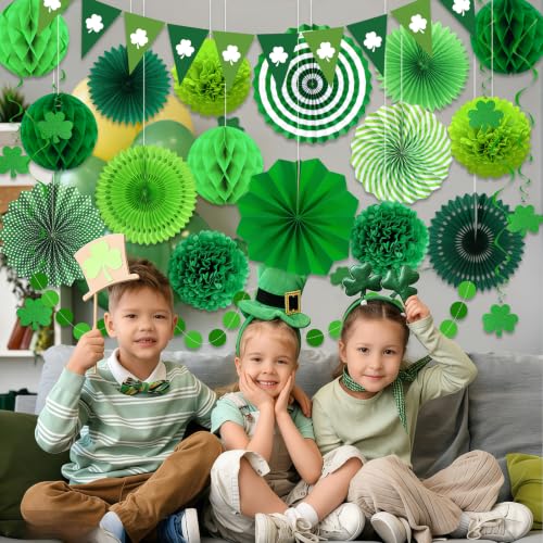 24 Pcs Green Birthday Decorations Kit, Paper Fans Pom Poms Banner 8-16 in - color: Green 2