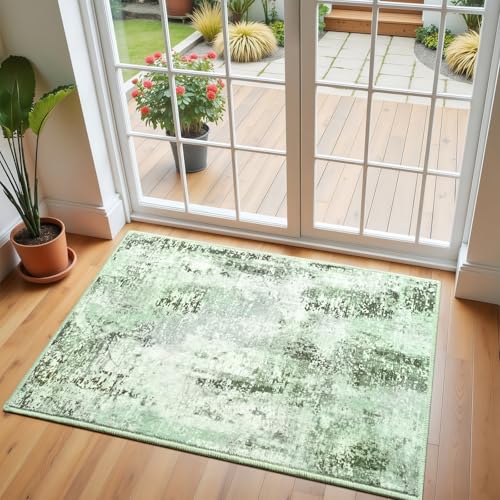 Green Washable Small Area Rug, 2x3 Abstract Non-Slip Door Mat, Modern Low Pile Indoor Entryway Rugs, Stain Resistant Throw Carpet for Front Door, Kitchen, Entry, Inside Entrance - color: Green, size: 2' x 3' (Rectangular)