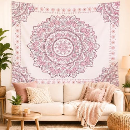 Pink Mandala Tapestry for Bedroom Aesthetic, Boho Art Large Wall Hanging - color: A Pink Mandala Tapestry, size: 90"L x 71"W