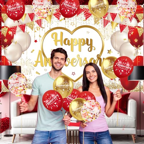 Red Gold Anniversary Party Decorations Happy Anniversary Banner Backdrop and 18Pcs Red Gold Happy Anniversary Balloons Anniversary Party Photography Background for Wedding Anniversary Party Supplies