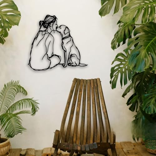 Woman Dog Metal Wall Decor - Pet Lover Room Decor Wall Art Home Decor for Living Room, Bedroom, Dining Room, Bathroom, Office, Pet Shop (Black)