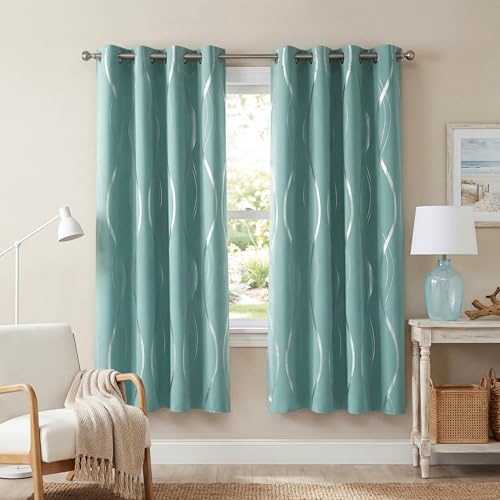 NICETOWN Aqua Blue Curtains 72 inch Long for Nursery and Kids Room, Wave Line Foil Print Design Pattern Drapes for Wall Decor, W52 x L72 inch, 2 Panels - color: 1 - Aqua Blue, size: 52"W x 72"L (Pack of 2)
