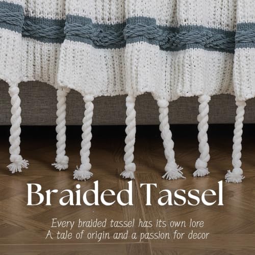 Boho Knitted Chenille Blanket with Tassels - Lightweight & Soft All-Season Throw - 3D Classic Pattern for Living Room Bedroom Couch, Celestial Blue(Striped), Queen 90"x90" - color: Celestial Blue(striped), size: Queen