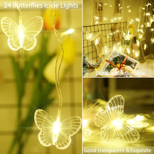 Butterfly Curtain Fairy Lights USB Plug in,120 LED 8 Modes 20FT Firefly Twinkle Icicle String Lights with Remote Timer Waterproof Copper Wire for Bedroom Patio Christmas Wedding Party Dorm(Warm White) - color: Warm White