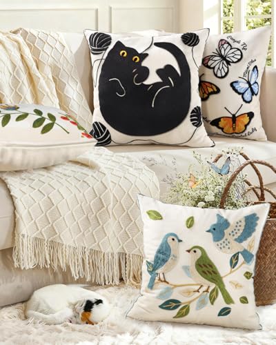 Animal Embroidered Throw Pillow Cover 18x18 Inch, Black Cat Yarn - color: Cat Ball, size: 18" x 18" (Pack of 1)