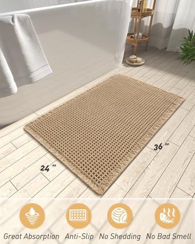 Upgraded Waffle Bath Mat Ultra Absorbent Non Slip Bathroom Mat, 24" x 36" - color: Brown, size: 24" x 36"