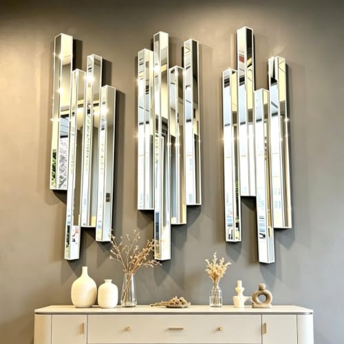 Modern 3 Pack 28x8 Staggered 3D Silver Mirror Wall Set Mirror Decor - color: Silver, size: 28"L x 8"W