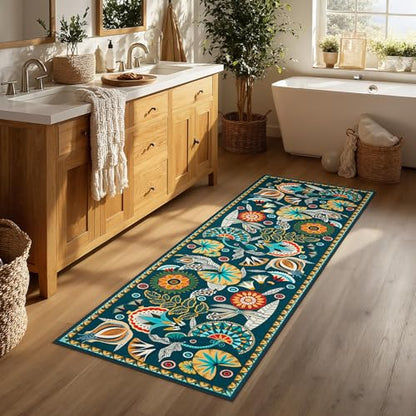 Joydeco Egypt Floral Boho 2x6 Washable Kitchen Hallway Bathroom Rug Runner - color: Dark Green, size: 2' x 6' (Runner)
