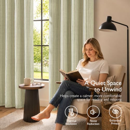 Vangao 100% Blackout Green Striped Curtains for Living Room Bedroom - color: Boxter Striped 100% Blackout| Green on Beige, size: 50"W x 63"L (Pack of 2)