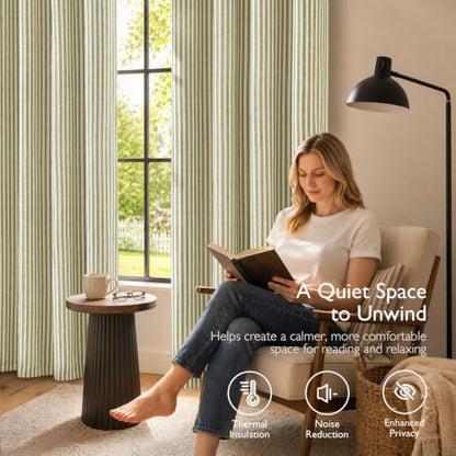 Vangao 100% Blackout Green Striped Curtains for Living Room Bedroom - color: Boxter Striped 100% Blackout| Green on Beige, size: 50"W x 63"L (Pack of 2)