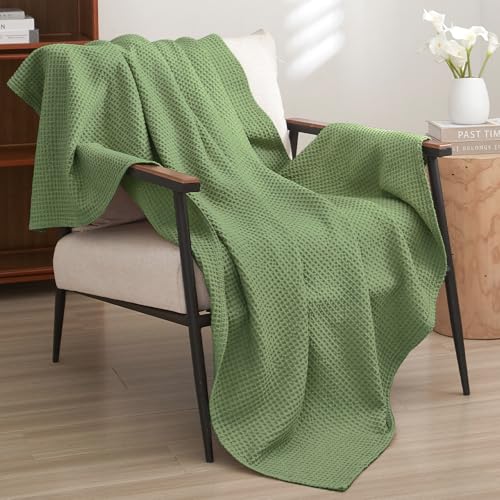 PHF 100% Cotton Waffle Throw Blanket Lightweight Breathable, Loden Green - color: Loden Green, size: Throw(50" x 60")